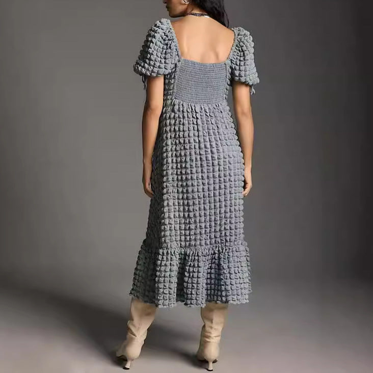 Bubble Sleeve Women Elegant Dress Long Short Sleeve French Tied Vacation Dress