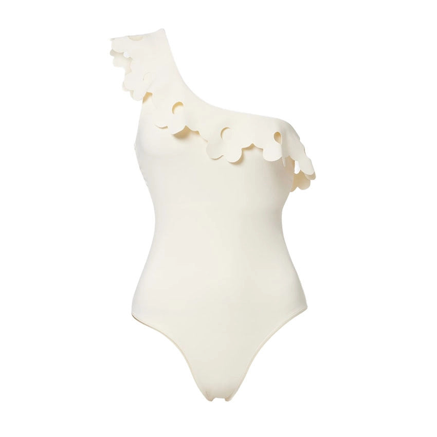 Sexy Cream White Wave Hollow Out Cutout Single Shoulder One Piece Swimming Women Two Piece Spring Holiday Slim Looking Swimwear