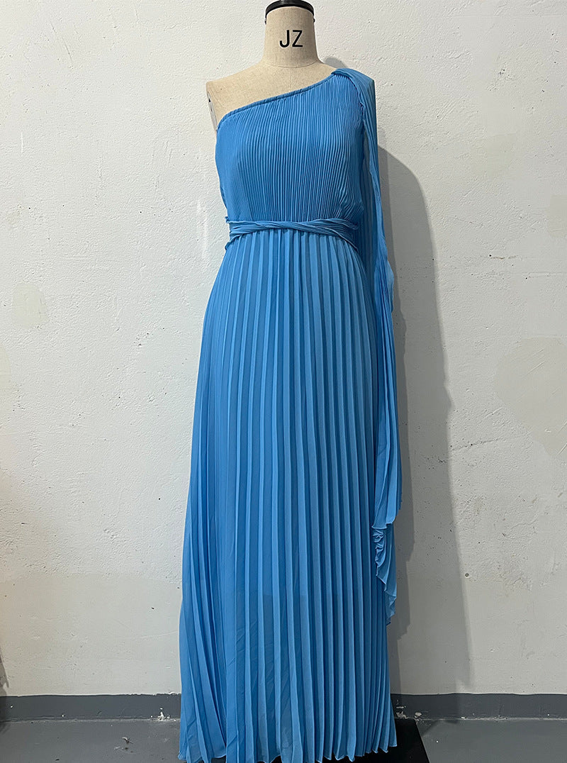 Diagonal Collar Cinched Waist Flounced Long Dress