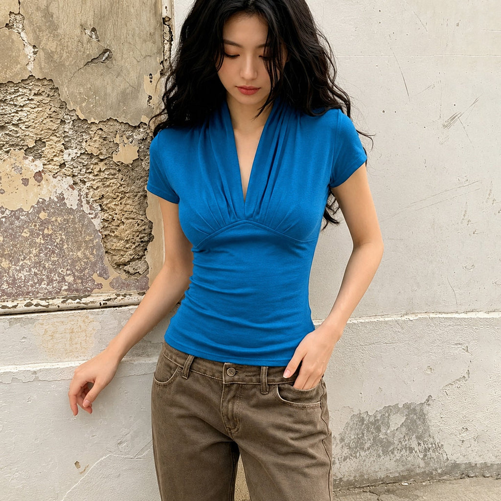 Lightly Mature Pleated Waist Tight V neck Halter Blue Top Fashionable Elegant Slim Fit Shoulder Short Sleeve T shirt Women