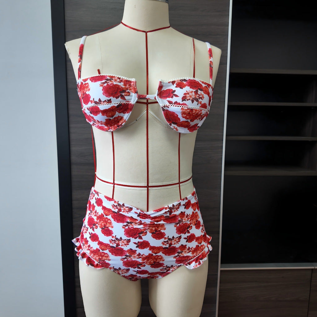 Women's Floral Ruffled High Waist Bikini Sexy Hard Cup Swimsuit
