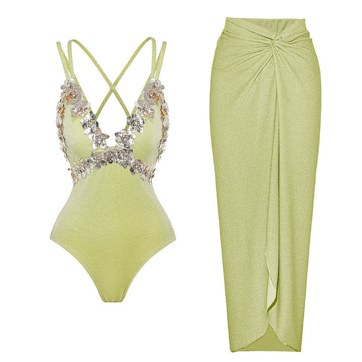 Green Glittering Floral Applique Backless Cutout One-Piece Swimsuit