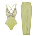 Green Glittering Floral Applique Backless Cutout One-Piece Swimsuit