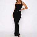 Spring Summer Casual Sexy Slim Fit Solid Color U Collar Split Sling Dress Women Dress