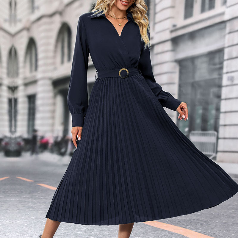Women's Long Sleeve Pleated Shirt Dress with Adjustable Waist