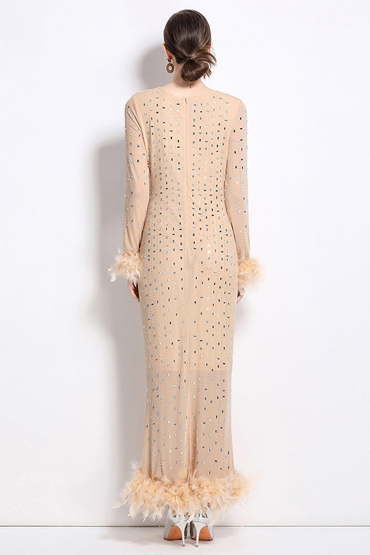 Women's Rhinestone Feather Maxi Party Dress - Bodycon Long Sleeve