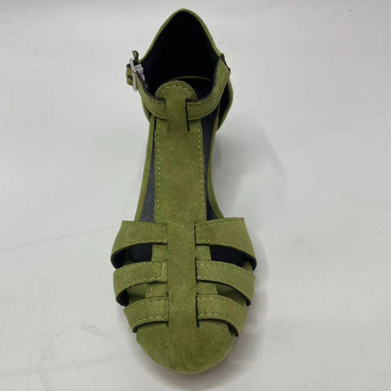 Women's Green Suede T-Strap Cutout Kitten Heel Sandals - Image 2