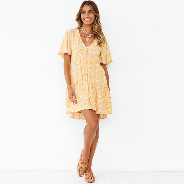 Spring Summer New V-neck Flared Short Sleeve Printed Pleated Large Swing Dress Women Clothing