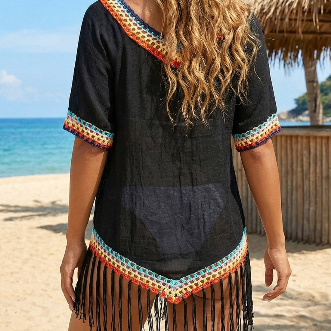 Women Striped Tassel Beach Cover Up Top with Crochet Fringe