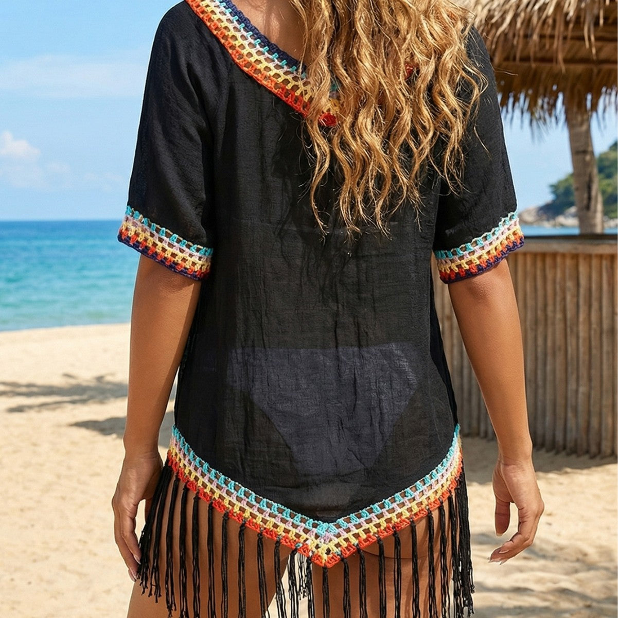 Women Striped Tassel Beach Cover Up Top with Crochet Fringe
