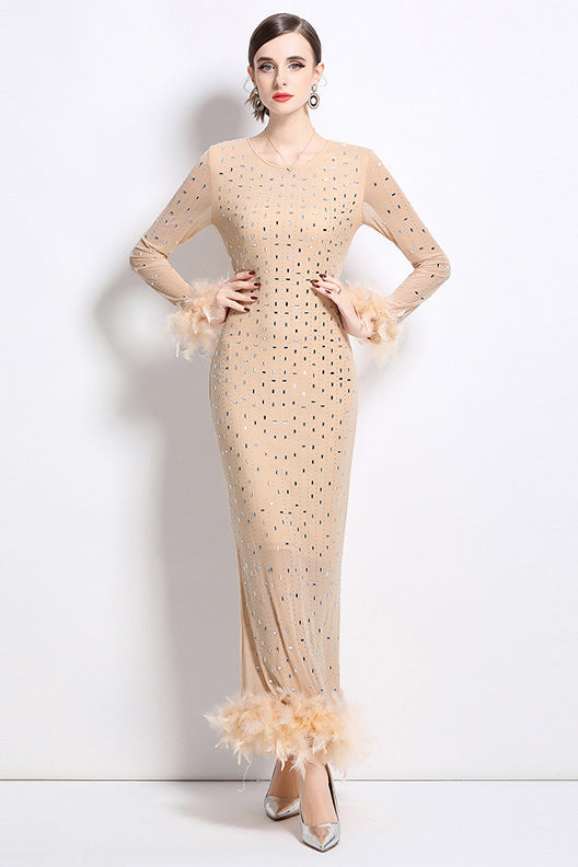 Women's Rhinestone Feather Maxi Party Dress - Bodycon Long Sleeve