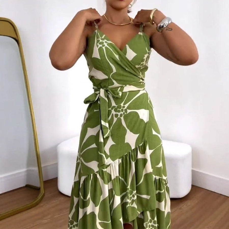 Elegance Women's Cross Collar Floral A-Line Midi Dress