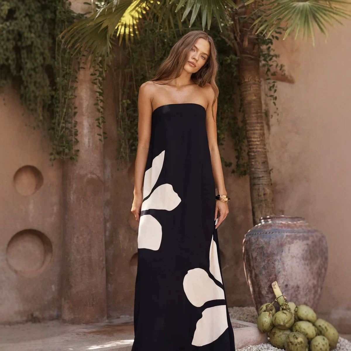 Dress Positioning Printing Wrapped Chest a Swing Maxi Dress Women Dress
