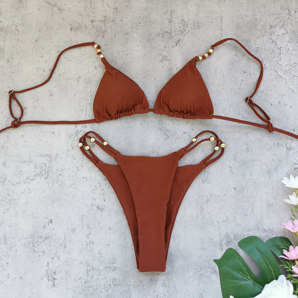 Rust-Brown Three-Piece High Waist Bikini and Wide Leg Pants Set