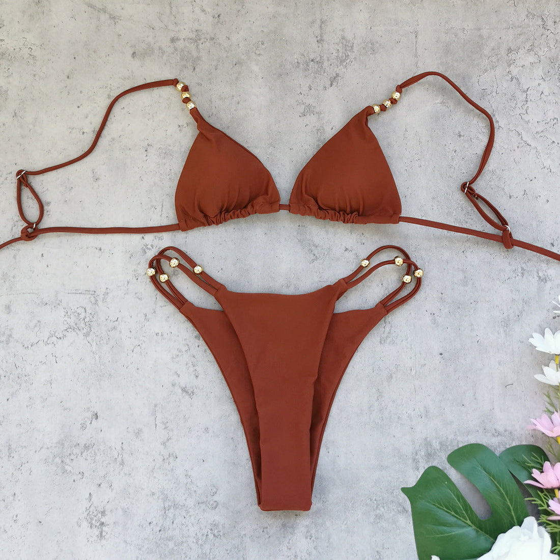 Rust-Brown Three-Piece High Waist Bikini and Wide Leg Pants Set