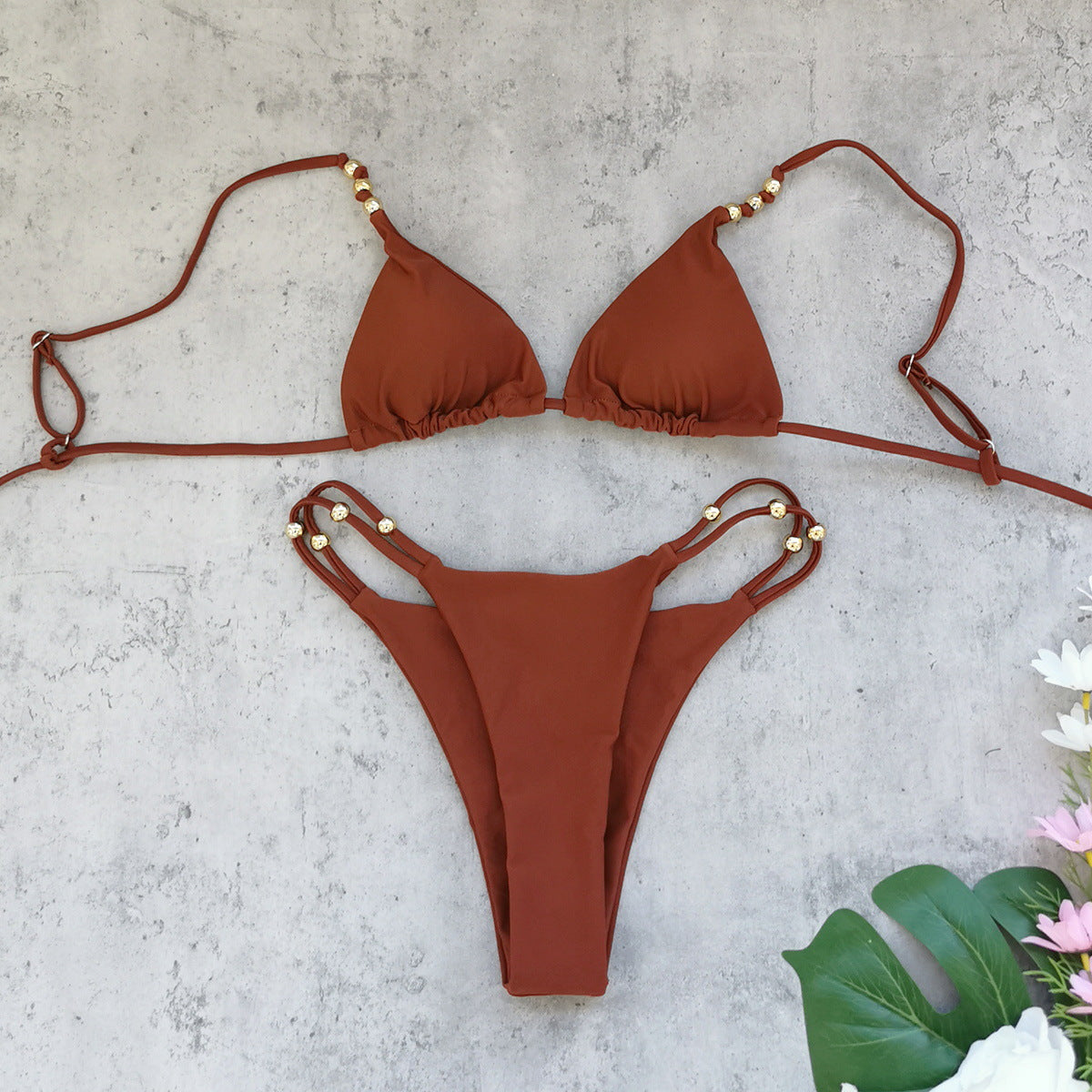 Rust-Brown Three-Piece High Waist Bikini and Wide Leg Pants Set
