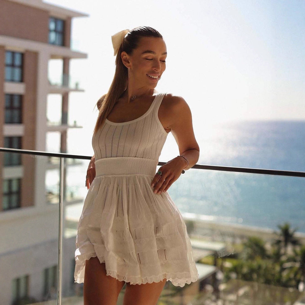 Spring Summer Slim Vest Knitted Dress Women Hollow Out Cutout-out Cinched Sleeveless Puff Short Women