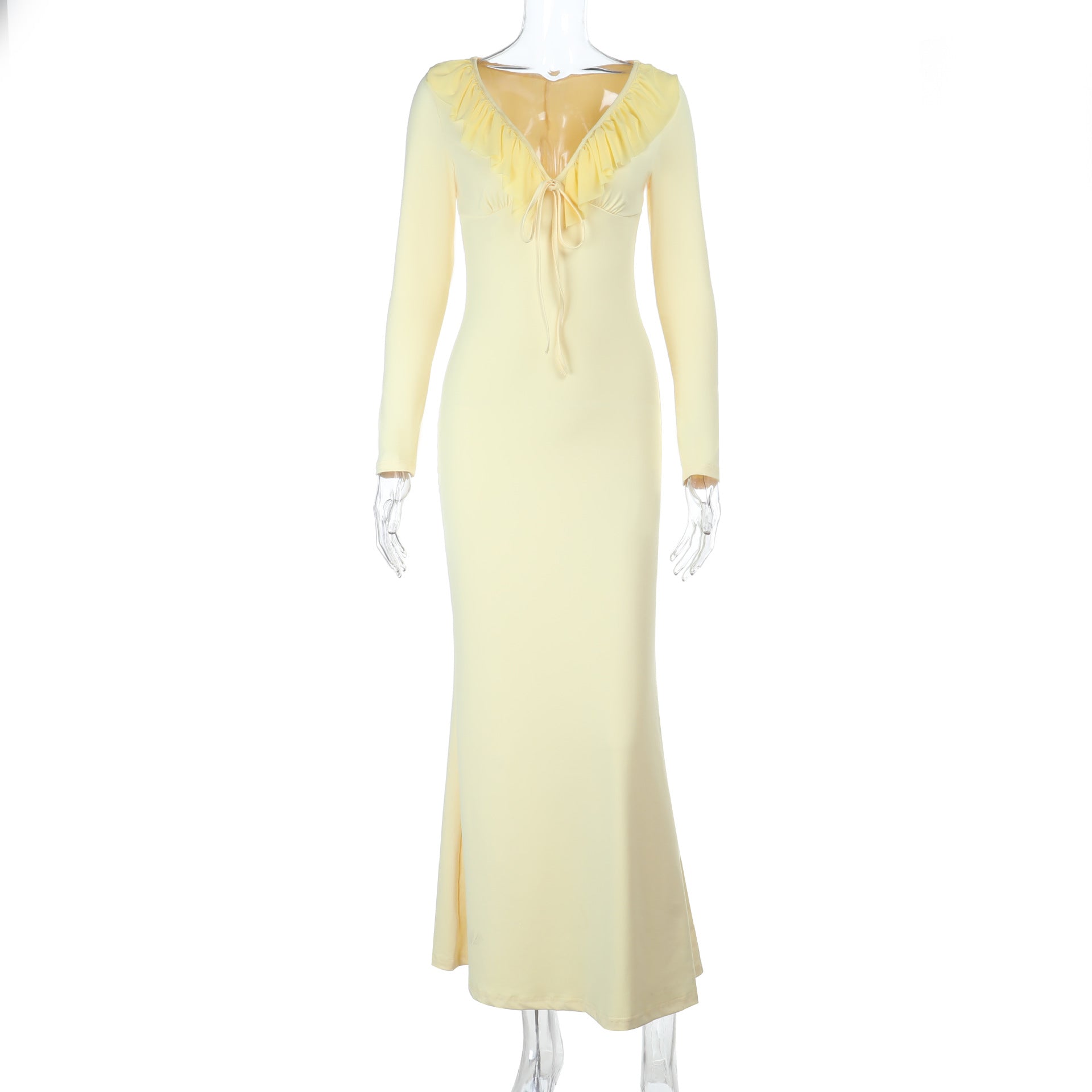Sexy Ruffled Long Sleeve Slim Stretch Dress Autumn Type Hip Dress