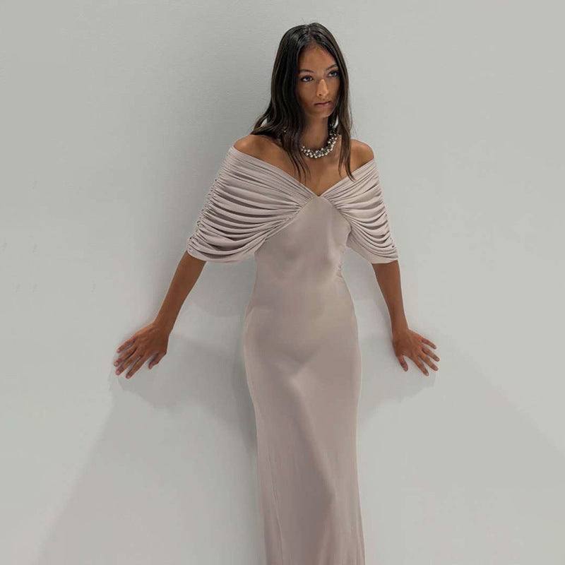 Minimalist Slim Fit Ruched Maxi Dress with Off-Neck Detail