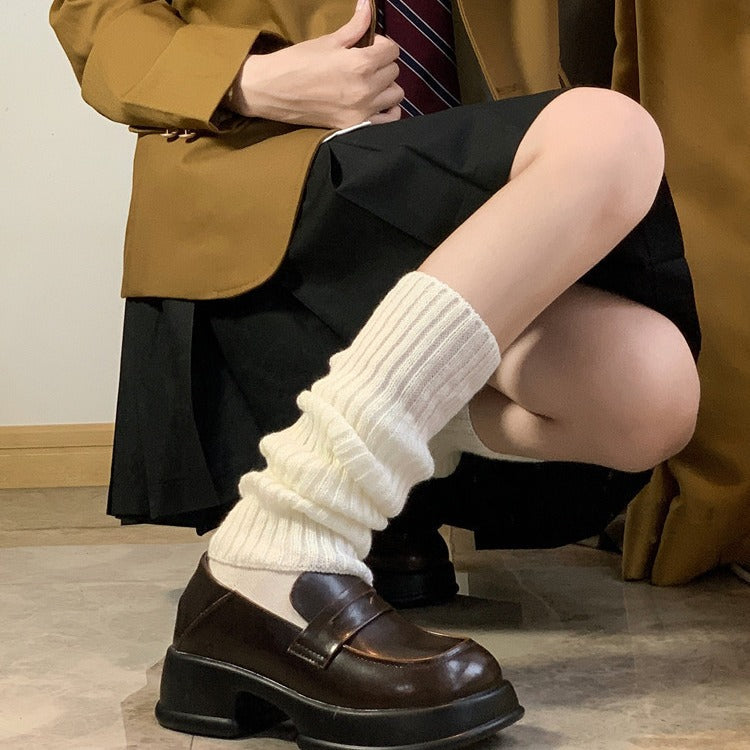 Women's Cream Knitted Ribbed Long Tube Calf Socks Leg Warmers - Image 3