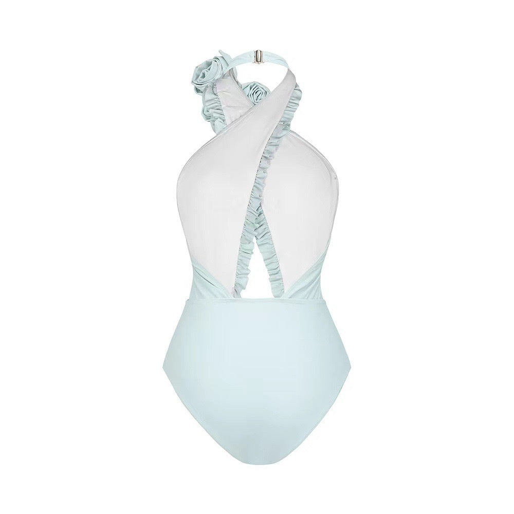 Lonkey French Two Sets Women Swimsuit Solid Color Flying Edge Cross Hollow Out Cutout-out Swimsuit Women