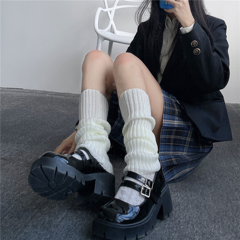 Women's Cream Knitted Ribbed Long Tube Calf Socks Leg Warmers - Image 4