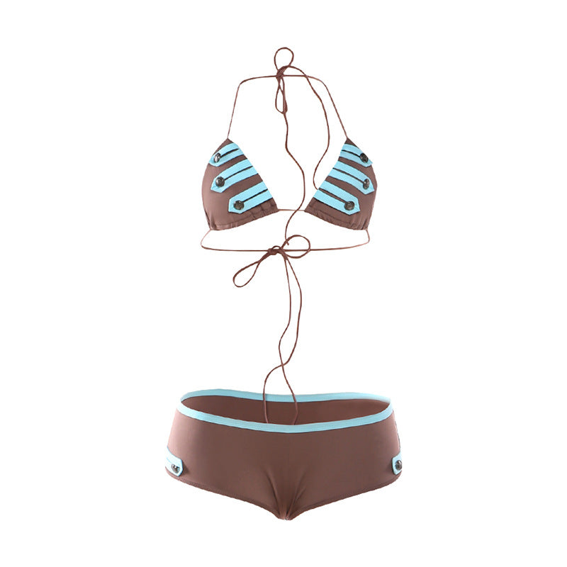 Modern Halter Backless Bikini Set with Lace Up Ties