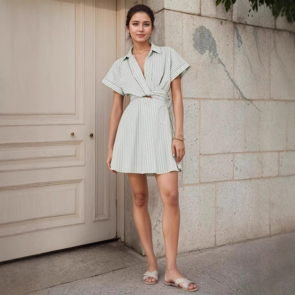 Holiday Striped Lace up Dress Polo Collar Casual Short Sleeve Cross Hollow Out Cutout Short Dress