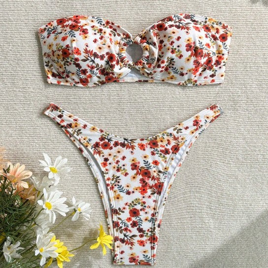 Women Spaghetti Strap Floral Tube Top Backless Bikini Set