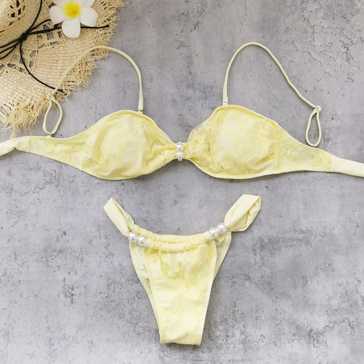 Solid Color Lace Tube Top Strap Sexy Backless Low Waist Briefs Bikini Split Swimsuit for Women