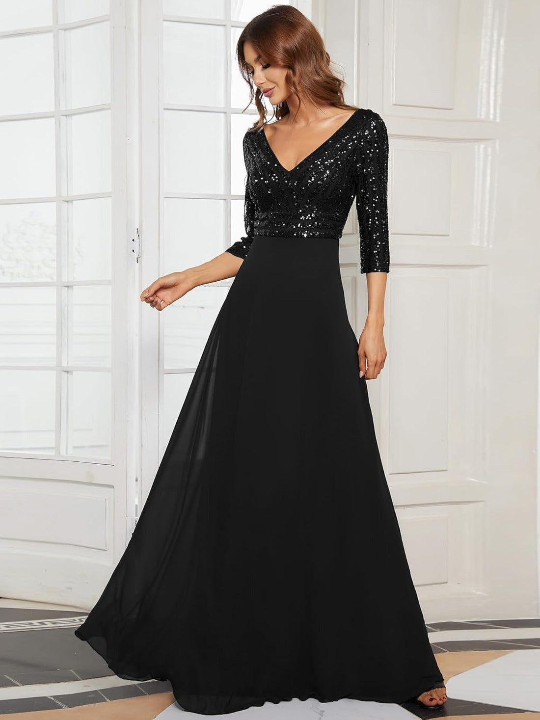 Women’s Chiffon Double V-Neck Sequin Evening Dress Slim A-Line