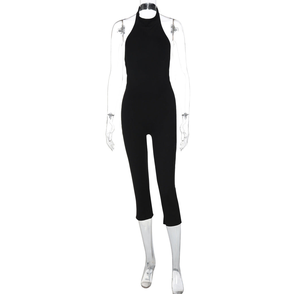 Women Clothing Summer Solid Color Sleeveless Halter Backless Sexy Slim Fit Bodysuit