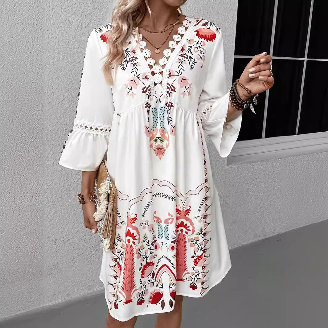 Women Clothing Summer V Neck Lace Stitching Casual All Matching Printed Dress