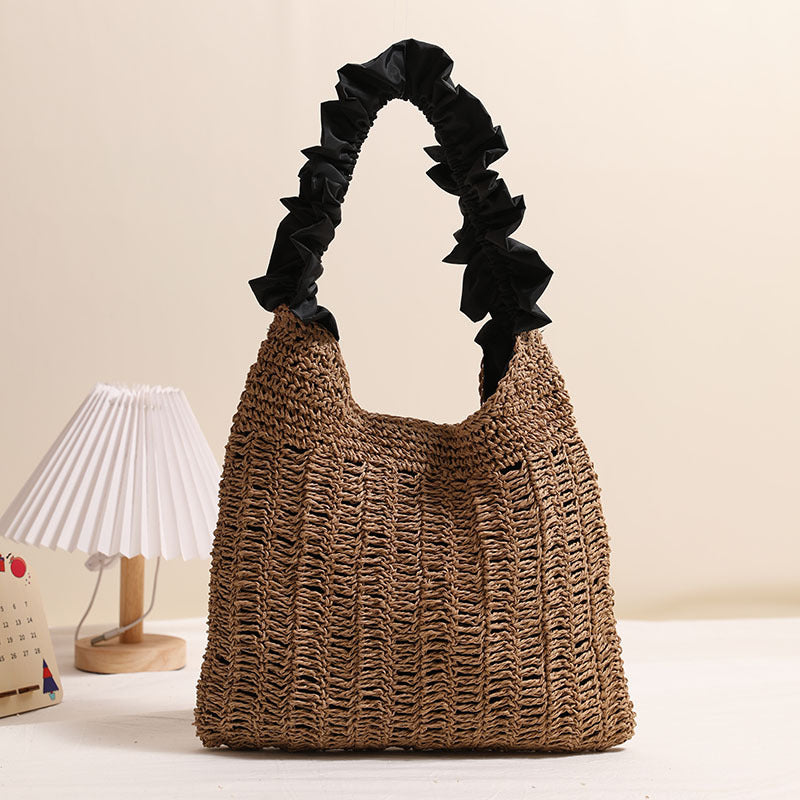 Woven Straw Shoulder Bag with Ruffled Fabric Handle Beach Tote - Image 3