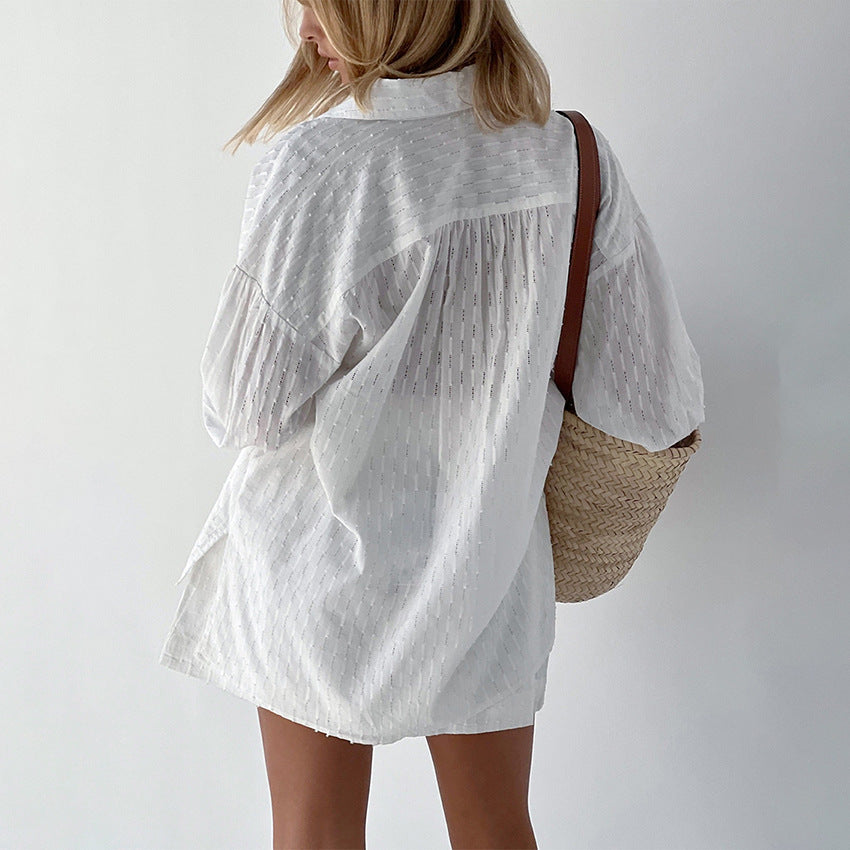 Summer French White Jacquard Cotton Puff Sleeve Casual Shorts Set Ladies Homewear Cool Pajamas