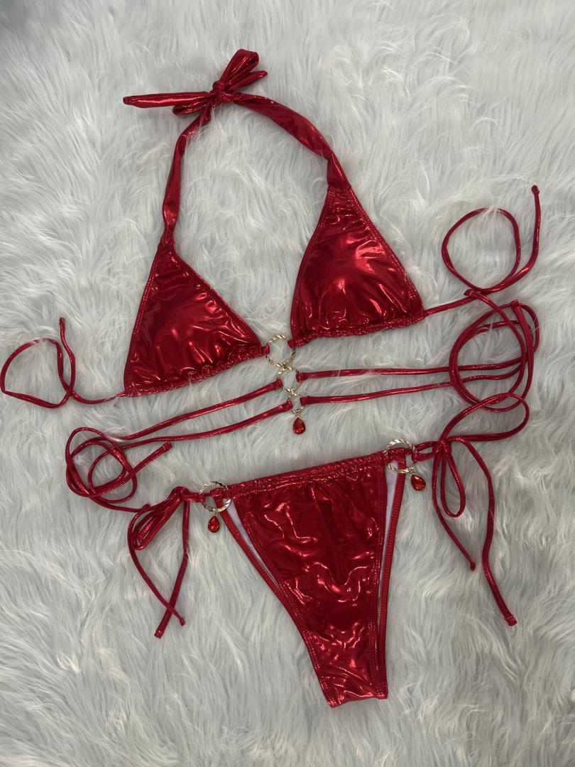 Crystal Diamond Triangle Bikini Set with Halter Strap & Ring Detail