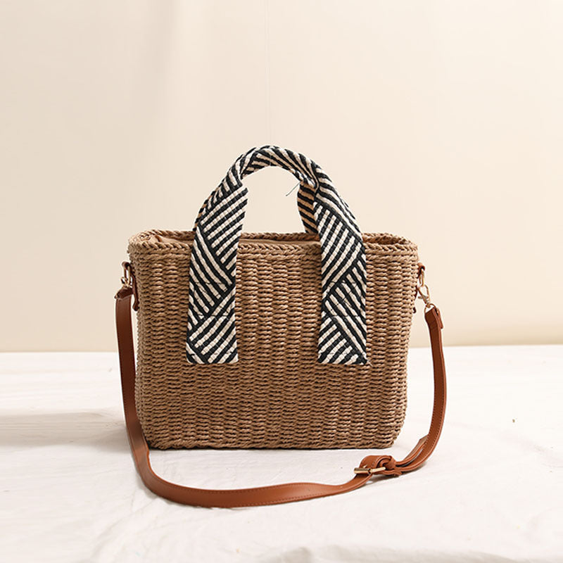 Woven Straw Square Crossbody Bag with Contrast Scarf Handle - Image 2