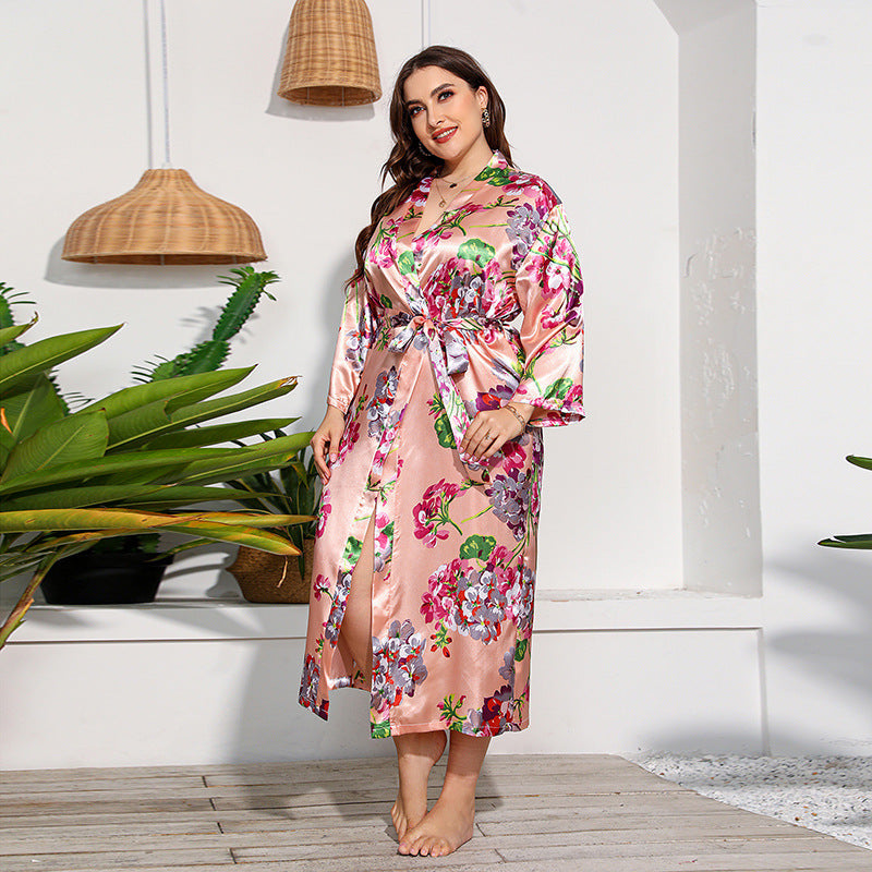 Women Leopard Print Silk-Feel Midi Robe with Belted Waist - Image 3