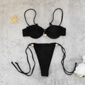 Solid Color Low Waist Lace up Sexy Backless Three Point Bikini Underwire Split Swimsuit for Women