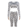 Summer Women Polka Dot Print Long Sleeve Short Top Sexy Slim Fit Fifth Pants Set
