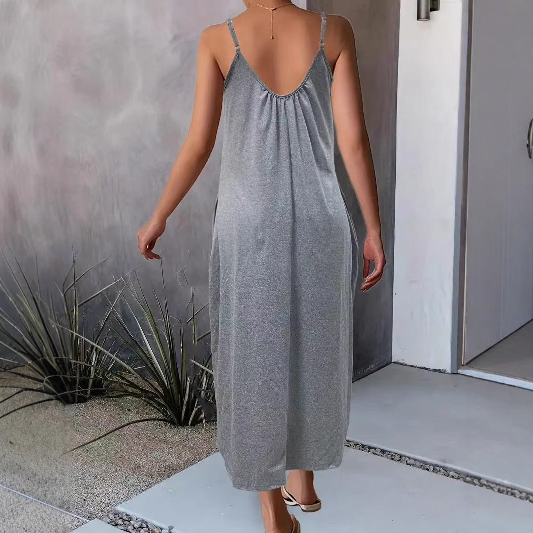Spring Solid Color Dress Summer Beach Dress Women Suspender