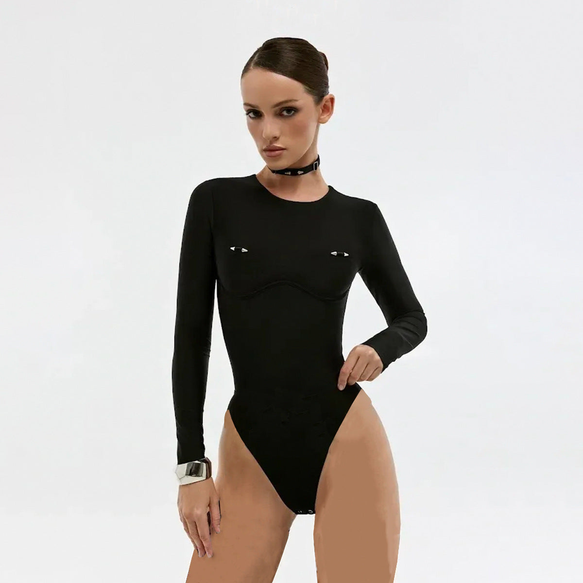 Long-Sleeved Zipper One Piece Swimsuit in Solid Color