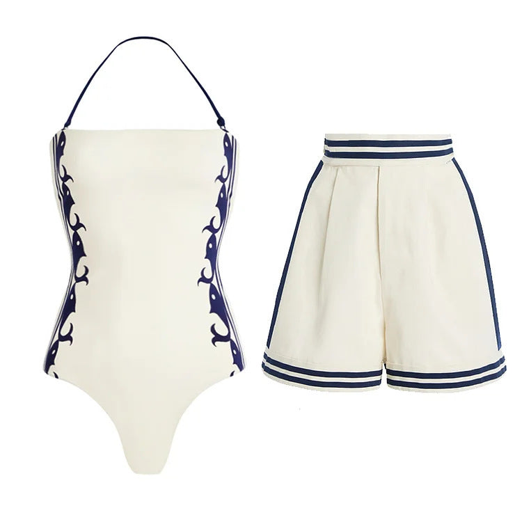 Navy Halter One Piece Swimsuit with Abstract Print Boho Design
