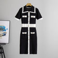 Hepburn Little Black Dress Women Summer Women Contrast Color Short Sleeve High Waist A line Knitted Dress Women