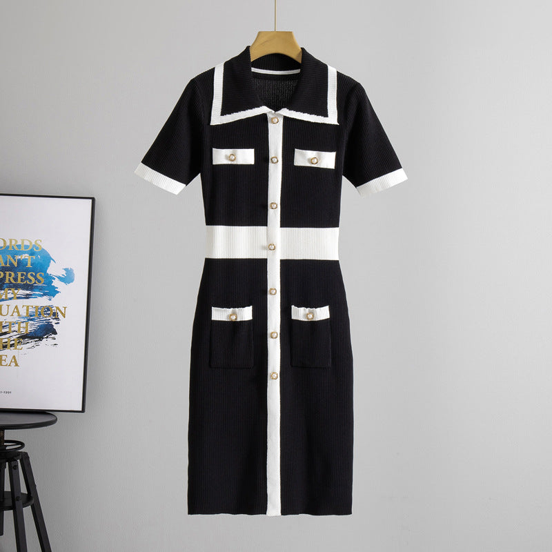 Hepburn Little Black Dress Women Summer Women Contrast Color Short Sleeve High Waist A line Knitted Dress Women
