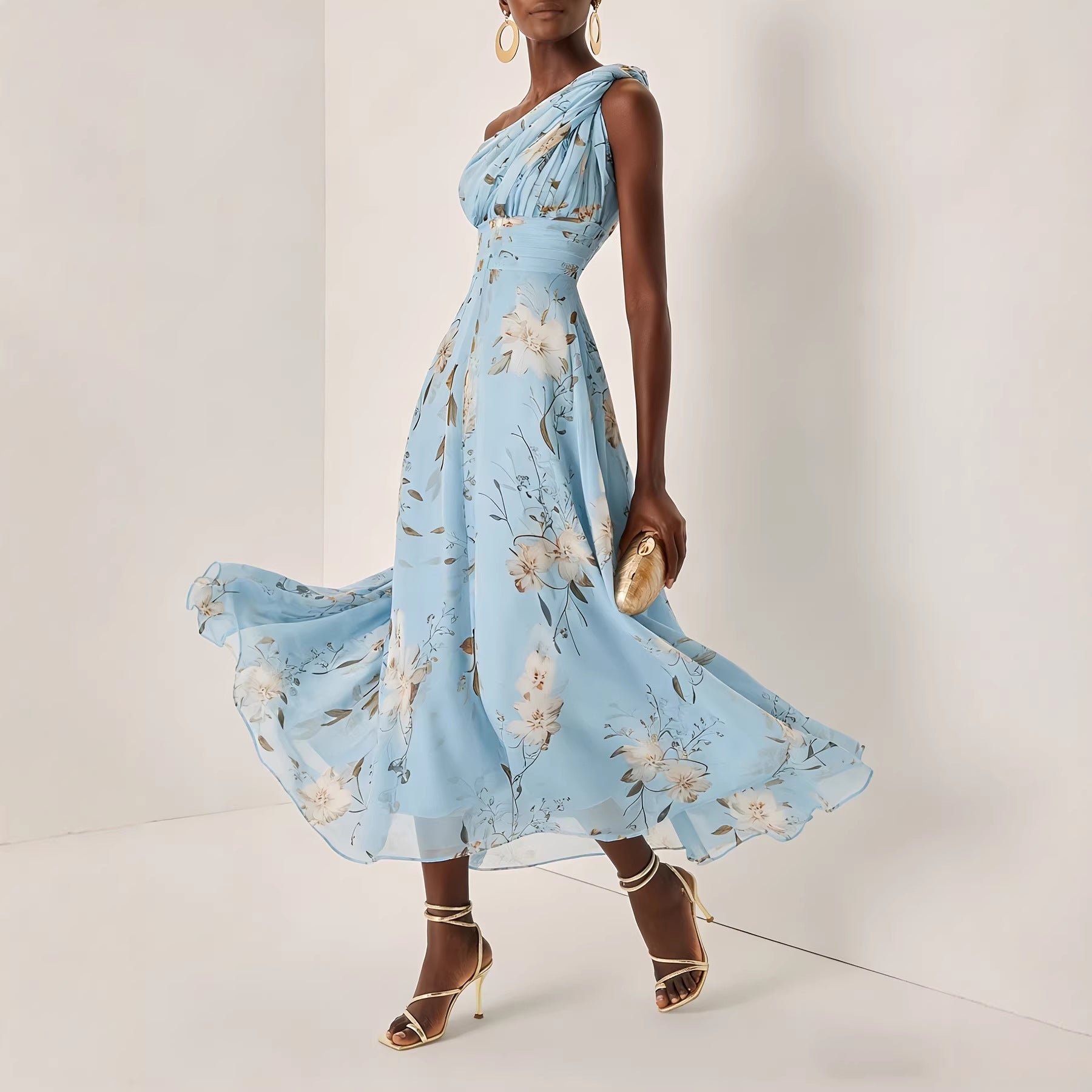 Elegant One Shoulder Floral Printed Chiffon Dress Fashionable Elegant A line Midi Dress