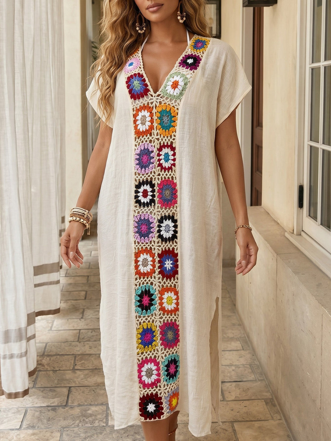 Women’s Crocheted Mixed Color Maxi Beach Blouse Boho Vacation Coverup