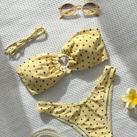 Women's strapless two-piece polka dot bikini with ring detail for summer vacation