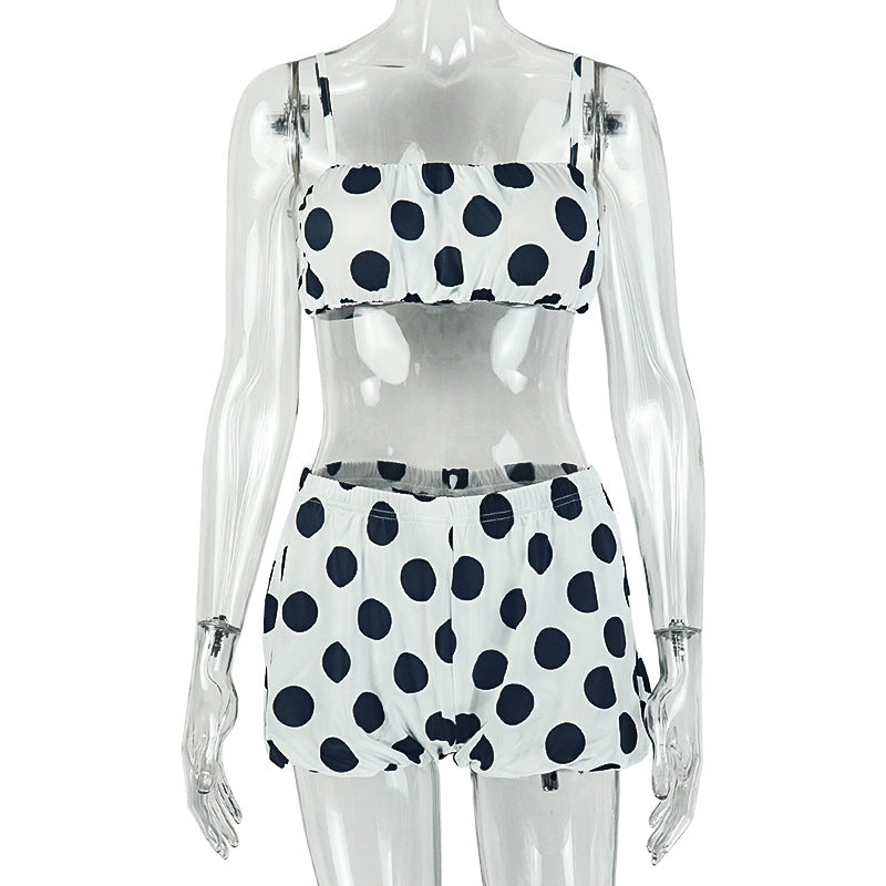 Street Color Matching Women Clothing Polka Dot Office Waist Tube Top Short Two Piece Set