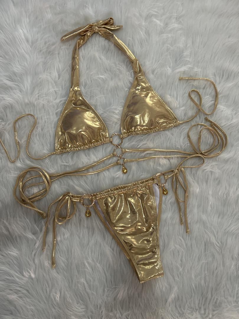 Crystal Diamond Triangle Bikini Set with Halter Strap & Ring Detail